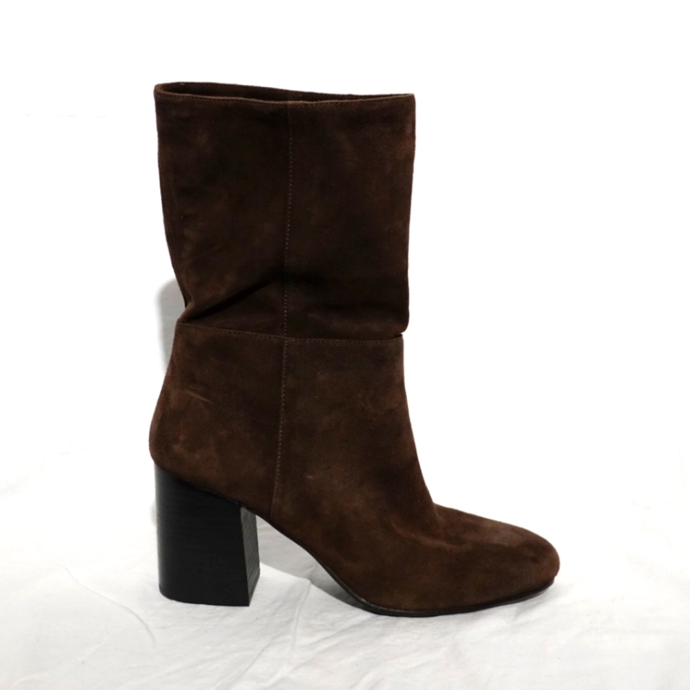 EILEEN FISHER Cinch SMOOTH Suede Block Heel Mid Boot Dark Brown, size 9